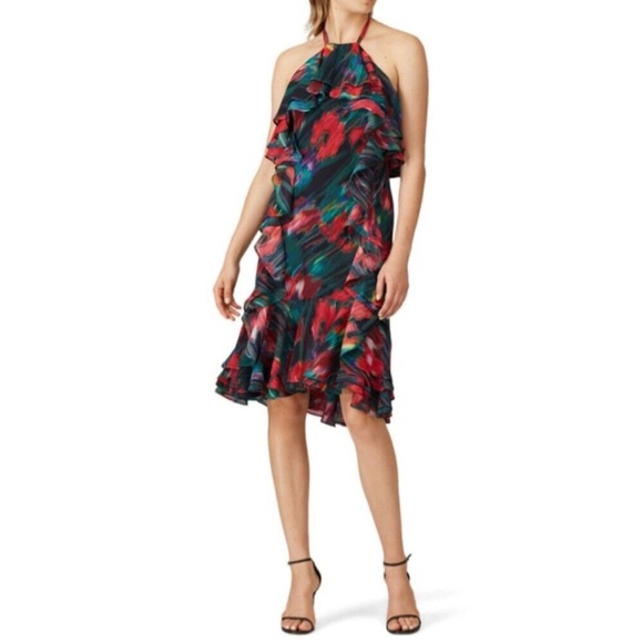 Jason Wu Collective Multicolor Blurred Floral Halter Neck Ruffle Dress | 10 - Picture 1 of 4